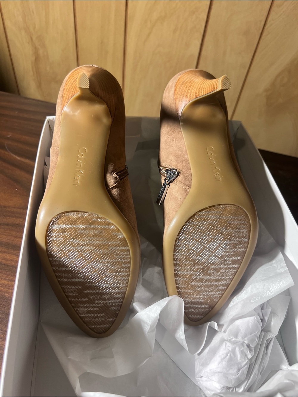 Calvin Klein Taupe Suede Heeled Ankle Booties - Picture 7 of 8